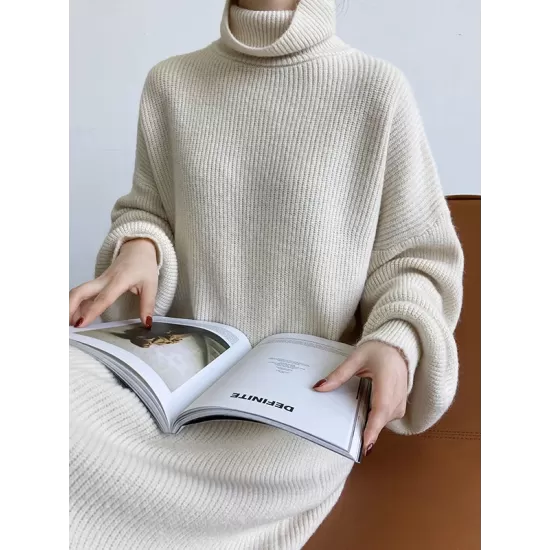 Urban Loose Puff Sleeves Solid Color High-Neck Sweater Dresses Urban Loose Puff Sleeves Solid Color High-Neck Sweater Dresses