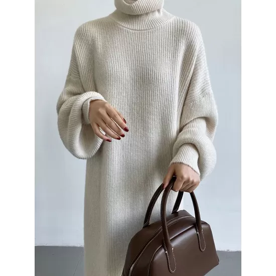 Urban Loose Puff Sleeves Solid Color High-Neck Sweater Dresses Urban Loose Puff Sleeves Solid Color High-Neck Sweater Dresses