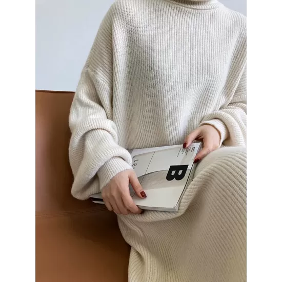 Urban Loose Puff Sleeves Solid Color High-Neck Sweater Dresses Urban Loose Puff Sleeves Solid Color High-Neck Sweater Dresses