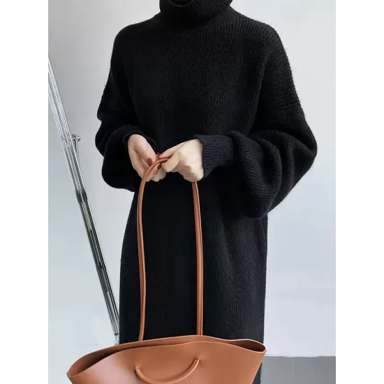 Urban Loose Puff Sleeves Solid Color High-Neck Sweater Dresses Urban Loose Puff Sleeves Solid Color High-Neck Sweater Dresses