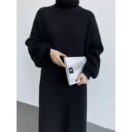 Urban Loose Puff Sleeves Solid Color High-Neck Sweater Dresses Urban Loose Puff Sleeves Solid Color High-Neck Sweater Dresses