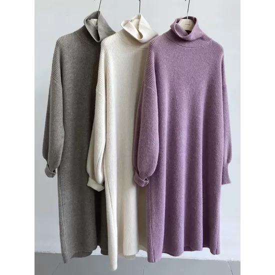 Urban Loose Puff Sleeves Solid Color High-Neck Sweater Dresses Urban Loose Puff Sleeves Solid Color High-Neck Sweater Dresses