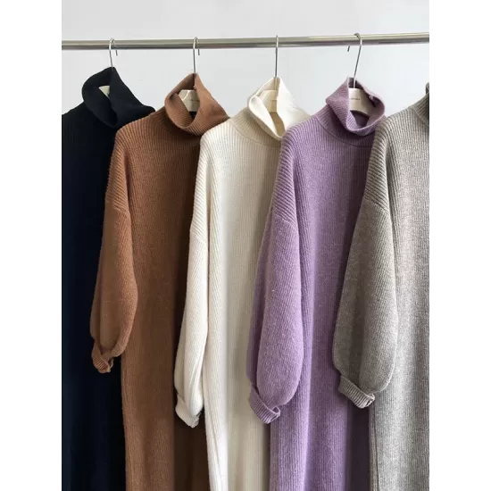 Urban Loose Puff Sleeves Solid Color High-Neck Sweater Dresses Urban Loose Puff Sleeves Solid Color High-Neck Sweater Dresses