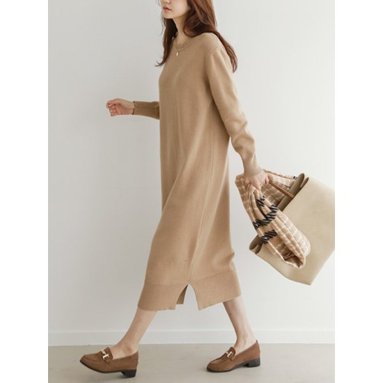 Urban Long Sleeves Loose Split-Side Solid Color Round-Neck Sweater Dresses Urban Long Sleeves Loose Split-Side Solid Color Round-Neck Sweater Dresses