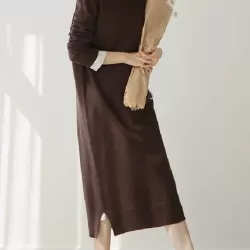 Urban Long Sleeves Loose Split-Side Solid Color Round-Neck Sweater Dresses