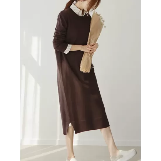Urban Long Sleeves Loose Split-Side Solid Color Round-Neck Sweater Dresses Urban Long Sleeves Loose Split-Side Solid Color Round-Neck Sweater Dresses