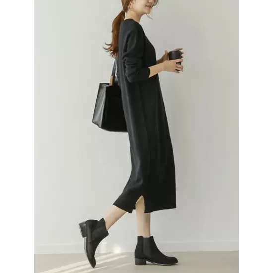 Urban Long Sleeves Loose Split-Side Solid Color Round-Neck Sweater Dresses Urban Long Sleeves Loose Split-Side Solid Color Round-Neck Sweater Dresses