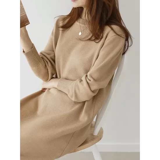 Urban Long Sleeves Loose Split-Side Solid Color Round-Neck Sweater Dresses Urban Long Sleeves Loose Split-Side Solid Color Round-Neck Sweater Dresses