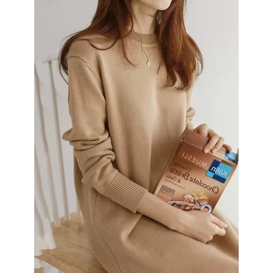 Urban Long Sleeves Loose Split-Side Solid Color Round-Neck Sweater Dresses Urban Long Sleeves Loose Split-Side Solid Color Round-Neck Sweater Dresses
