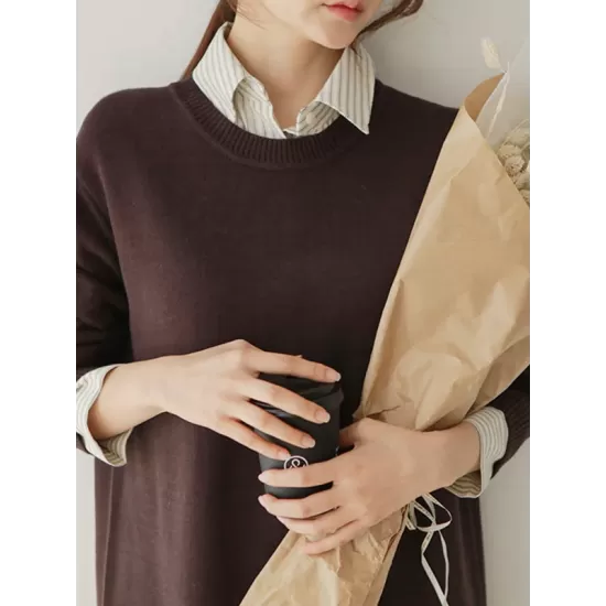 Urban Long Sleeves Loose Split-Side Solid Color Round-Neck Sweater Dresses Urban Long Sleeves Loose Split-Side Solid Color Round-Neck Sweater Dresses