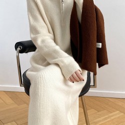 Casual Loose Long Sleeves Solid Color Zipper High-Neck Sweater Dresses