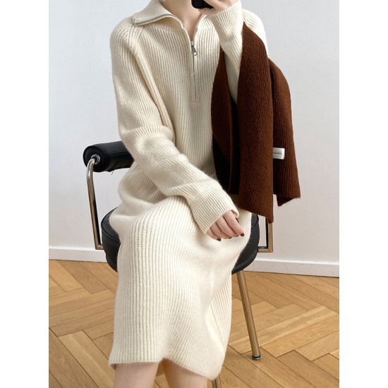 Casual Loose Long Sleeves Solid Color Zipper High-Neck Sweater Dresses Casual Loose Long Sleeves Solid Color Zipper High-Neck Sweater Dresses