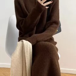 Casual Loose Long Sleeves Solid Color Zipper High-Neck Sweater Dresses