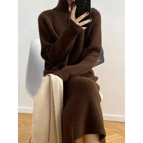 Casual Loose Long Sleeves Solid Color Zipper High-Neck Sweater Dresses Casual Loose Long Sleeves Solid Color Zipper High-Neck Sweater Dresses