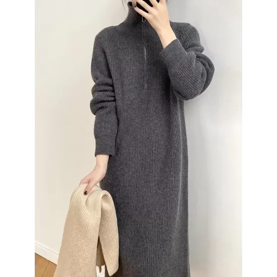 Casual Loose Long Sleeves Solid Color Zipper High-Neck Sweater Dresses Casual Loose Long Sleeves Solid Color Zipper High-Neck Sweater Dresses