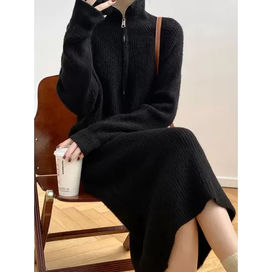 Casual Loose Long Sleeves Solid Color Zipper High-Neck Sweater Dresses Casual Loose Long Sleeves Solid Color Zipper High-Neck Sweater Dresses
