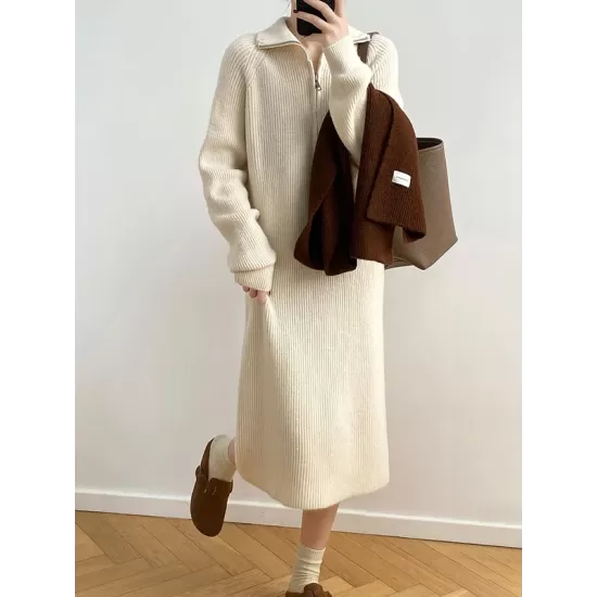 Casual Loose Long Sleeves Solid Color Zipper High-Neck Sweater Dresses Casual Loose Long Sleeves Solid Color Zipper High-Neck Sweater Dresses