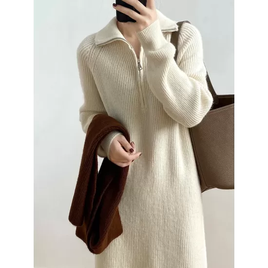 Casual Loose Long Sleeves Solid Color Zipper High-Neck Sweater Dresses Casual Loose Long Sleeves Solid Color Zipper High-Neck Sweater Dresses