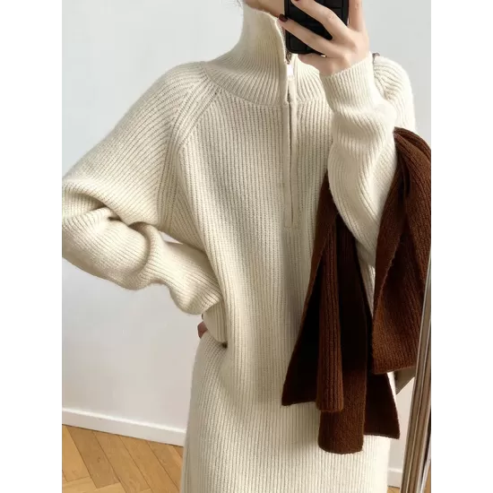 Casual Loose Long Sleeves Solid Color Zipper High-Neck Sweater Dresses Casual Loose Long Sleeves Solid Color Zipper High-Neck Sweater Dresses