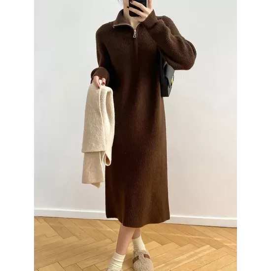 Casual Loose Long Sleeves Solid Color Zipper High-Neck Sweater Dresses Casual Loose Long Sleeves Solid Color Zipper High-Neck Sweater Dresses