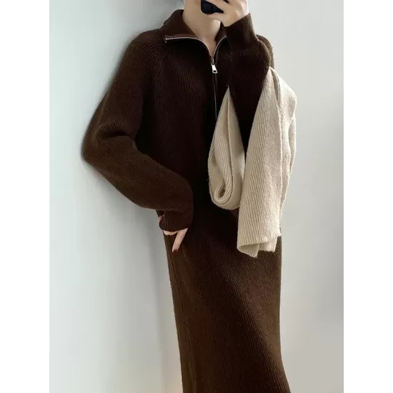 Casual Loose Long Sleeves Solid Color Zipper High-Neck Sweater Dresses Casual Loose Long Sleeves Solid Color Zipper High-Neck Sweater Dresses
