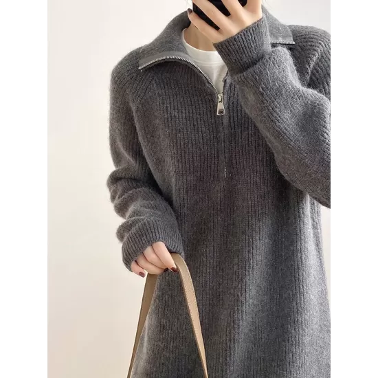 Casual Loose Long Sleeves Solid Color Zipper High-Neck Sweater Dresses Casual Loose Long Sleeves Solid Color Zipper High-Neck Sweater Dresses