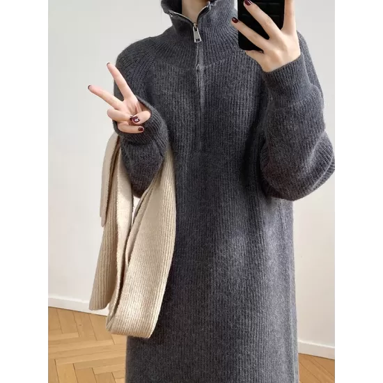 Casual Loose Long Sleeves Solid Color Zipper High-Neck Sweater Dresses Casual Loose Long Sleeves Solid Color Zipper High-Neck Sweater Dresses