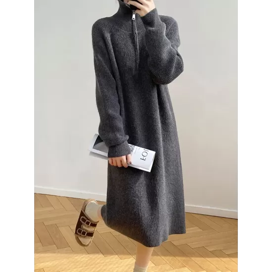 Casual Loose Long Sleeves Solid Color Zipper High-Neck Sweater Dresses Casual Loose Long Sleeves Solid Color Zipper High-Neck Sweater Dresses