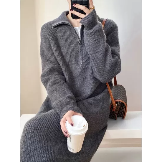 Casual Loose Long Sleeves Solid Color Zipper High-Neck Sweater Dresses Casual Loose Long Sleeves Solid Color Zipper High-Neck Sweater Dresses