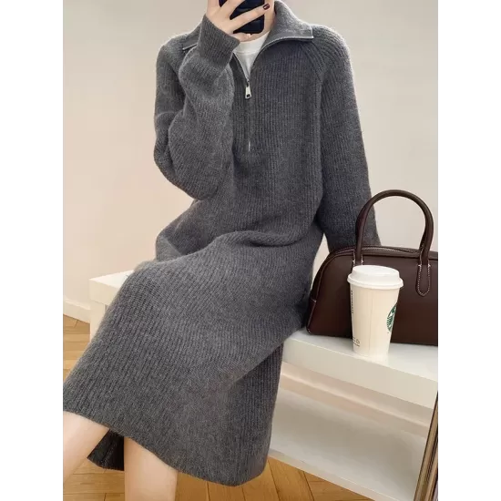 Casual Loose Long Sleeves Solid Color Zipper High-Neck Sweater Dresses Casual Loose Long Sleeves Solid Color Zipper High-Neck Sweater Dresses