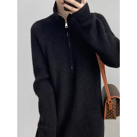 Casual Loose Long Sleeves Solid Color Zipper High-Neck Sweater Dresses Casual Loose Long Sleeves Solid Color Zipper High-Neck Sweater Dresses