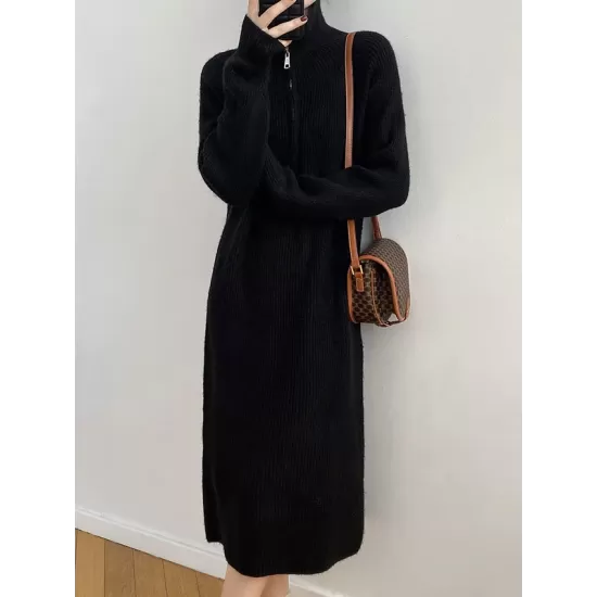 Casual Loose Long Sleeves Solid Color Zipper High-Neck Sweater Dresses Casual Loose Long Sleeves Solid Color Zipper High-Neck Sweater Dresses