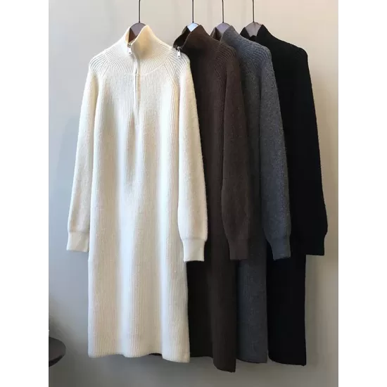 Casual Loose Long Sleeves Solid Color Zipper High-Neck Sweater Dresses Casual Loose Long Sleeves Solid Color Zipper High-Neck Sweater Dresses