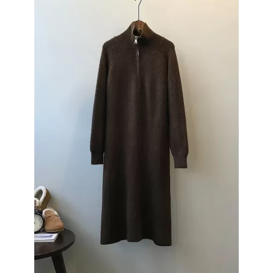 Casual Loose Long Sleeves Solid Color Zipper High-Neck Sweater Dresses Casual Loose Long Sleeves Solid Color Zipper High-Neck Sweater Dresses