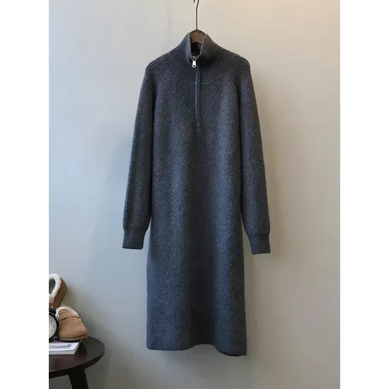 Casual Loose Long Sleeves Solid Color Zipper High-Neck Sweater Dresses Casual Loose Long Sleeves Solid Color Zipper High-Neck Sweater Dresses