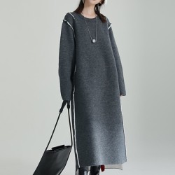 Casual Long Sleeves Loose Solid Color Round-Neck Sweater Dresses