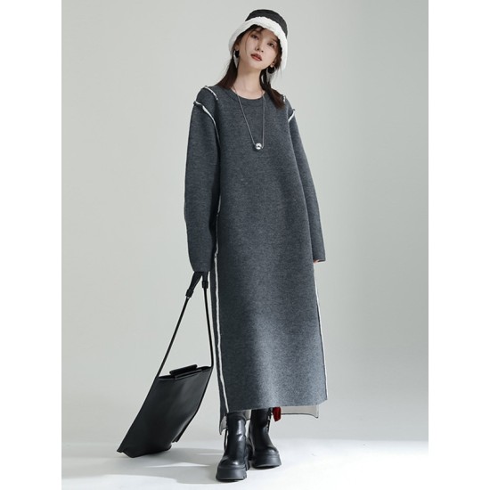 Casual Long Sleeves Loose Solid Color Round-Neck Sweater Dresses Casual Long Sleeves Loose Solid Color Round-Neck Sweater Dresses