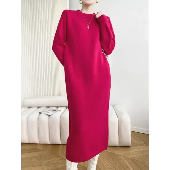 Urban Loose Long Sleeves Solid Color Round-Neck Sweater Dresses Urban Loose Long Sleeves Solid Color Round-Neck Sweater Dresses