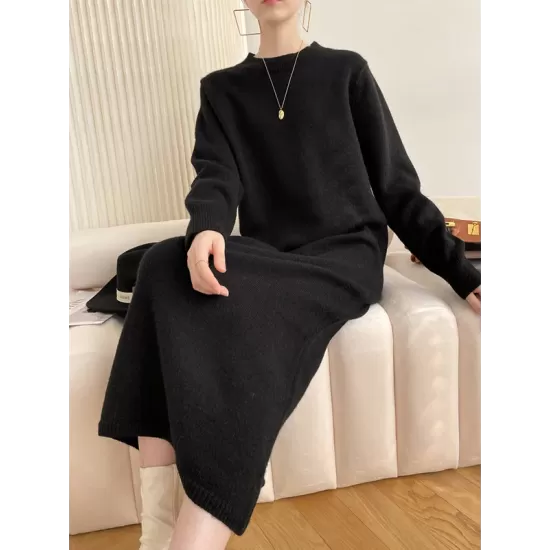 Urban Loose Long Sleeves Solid Color Round-Neck Sweater Dresses Urban Loose Long Sleeves Solid Color Round-Neck Sweater Dresses