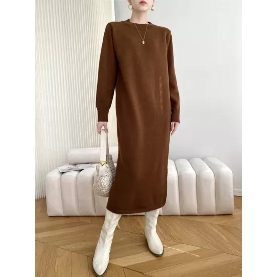 Urban Loose Long Sleeves Solid Color Round-Neck Sweater Dresses Urban Loose Long Sleeves Solid Color Round-Neck Sweater Dresses