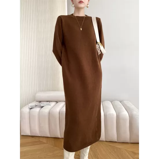 Urban Loose Long Sleeves Solid Color Round-Neck Sweater Dresses Urban Loose Long Sleeves Solid Color Round-Neck Sweater Dresses