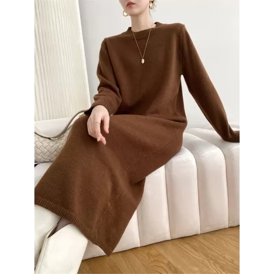 Urban Loose Long Sleeves Solid Color Round-Neck Sweater Dresses Urban Loose Long Sleeves Solid Color Round-Neck Sweater Dresses