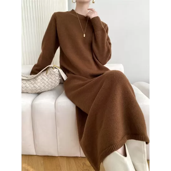 Urban Loose Long Sleeves Solid Color Round-Neck Sweater Dresses Urban Loose Long Sleeves Solid Color Round-Neck Sweater Dresses