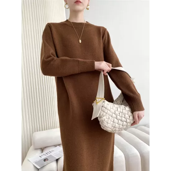 Urban Loose Long Sleeves Solid Color Round-Neck Sweater Dresses Urban Loose Long Sleeves Solid Color Round-Neck Sweater Dresses