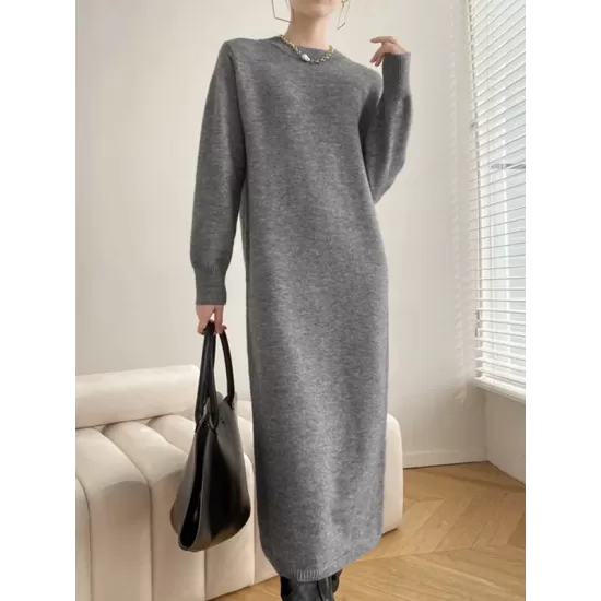 Urban Loose Long Sleeves Solid Color Round-Neck Sweater Dresses Urban Loose Long Sleeves Solid Color Round-Neck Sweater Dresses