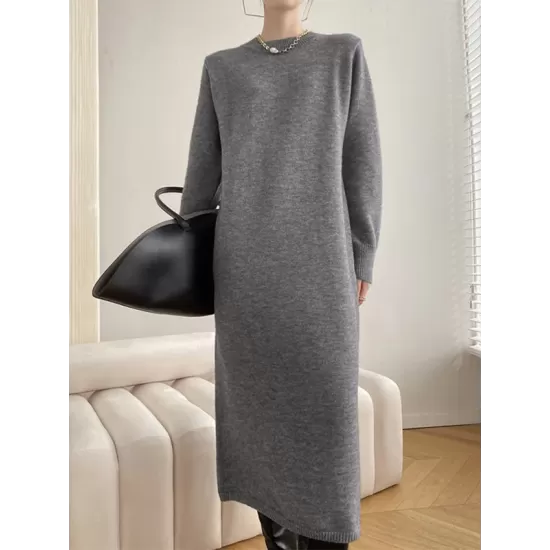 Urban Loose Long Sleeves Solid Color Round-Neck Sweater Dresses Urban Loose Long Sleeves Solid Color Round-Neck Sweater Dresses