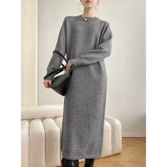 Urban Loose Long Sleeves Solid Color Round-Neck Sweater Dresses Urban Loose Long Sleeves Solid Color Round-Neck Sweater Dresses
