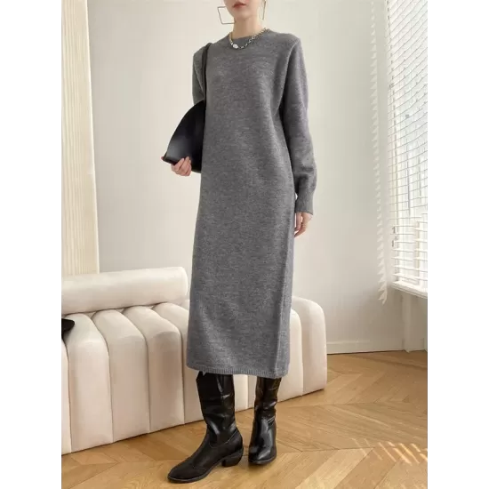 Urban Loose Long Sleeves Solid Color Round-Neck Sweater Dresses Urban Loose Long Sleeves Solid Color Round-Neck Sweater Dresses