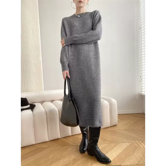 Urban Loose Long Sleeves Solid Color Round-Neck Sweater Dresses Urban Loose Long Sleeves Solid Color Round-Neck Sweater Dresses
