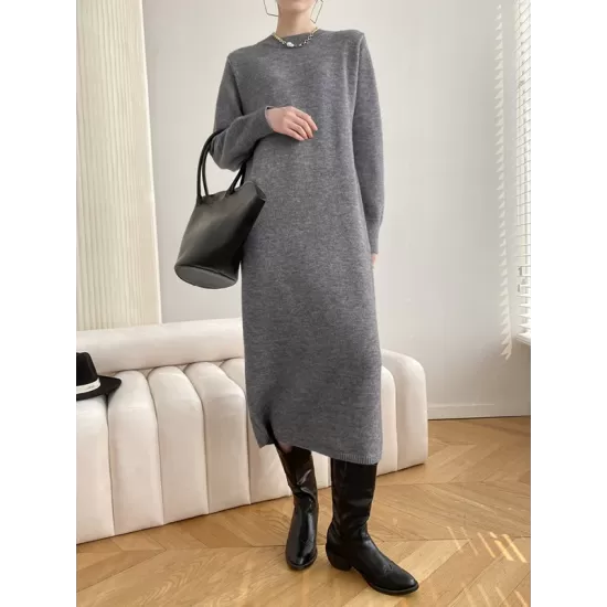 Urban Loose Long Sleeves Solid Color Round-Neck Sweater Dresses Urban Loose Long Sleeves Solid Color Round-Neck Sweater Dresses